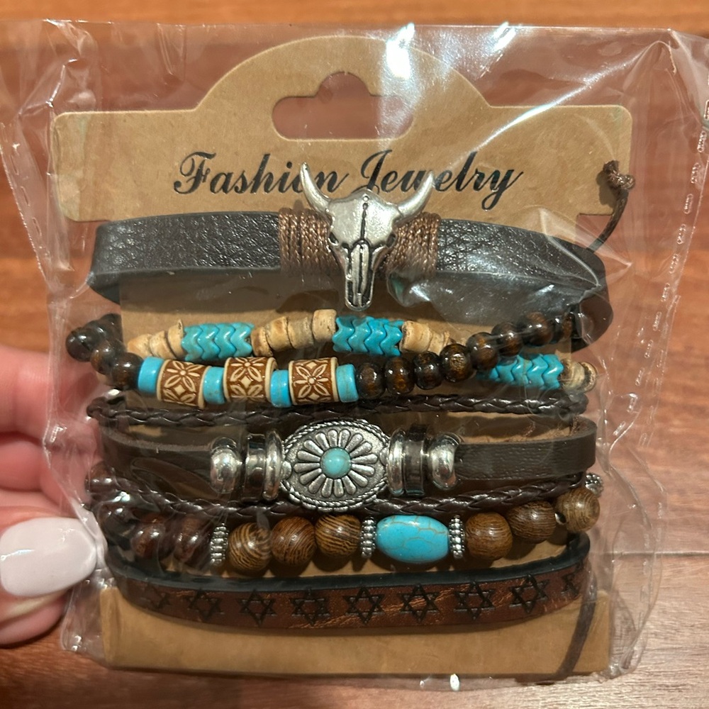 Western Rustic Boho Leather & Turquoise Bracelet Set Women’s or Mens Set of 6 - Picture 3 of 4